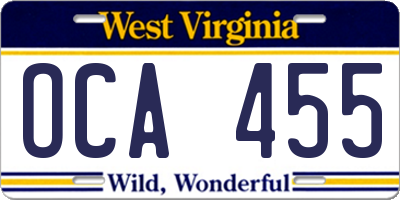 WV license plate OCA455