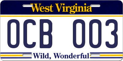 WV license plate OCB003