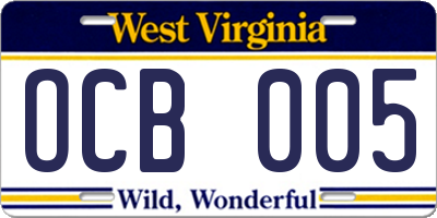 WV license plate OCB005