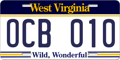WV license plate OCB010