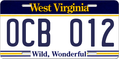 WV license plate OCB012