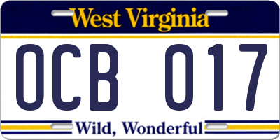 WV license plate OCB017