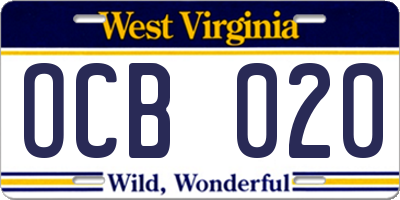 WV license plate OCB020