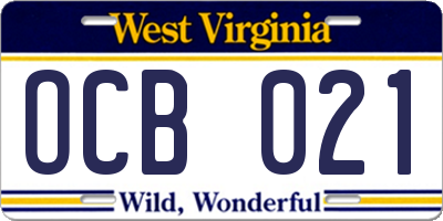 WV license plate OCB021