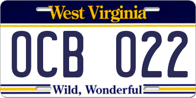 WV license plate OCB022