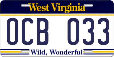 WV license plate OCB033