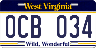 WV license plate OCB034