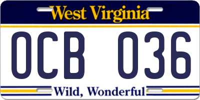 WV license plate OCB036
