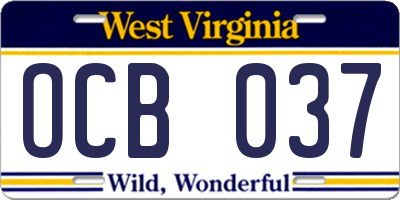 WV license plate OCB037