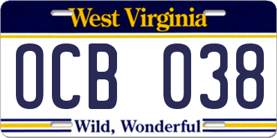 WV license plate OCB038