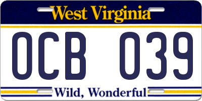 WV license plate OCB039
