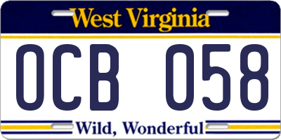 WV license plate OCB058