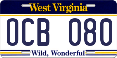WV license plate OCB080