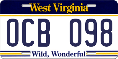 WV license plate OCB098