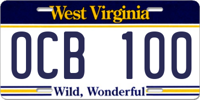 WV license plate OCB100
