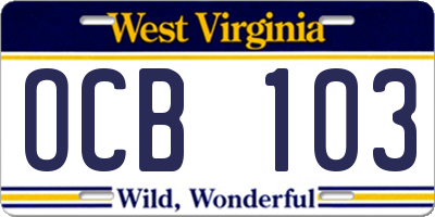 WV license plate OCB103