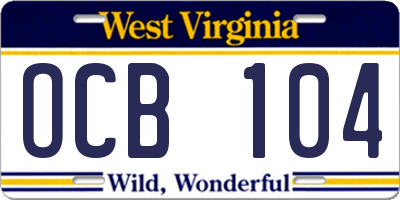 WV license plate OCB104