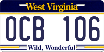 WV license plate OCB106