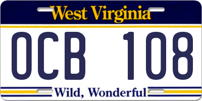 WV license plate OCB108