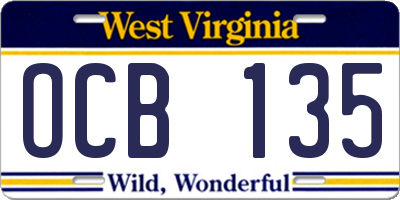 WV license plate OCB135