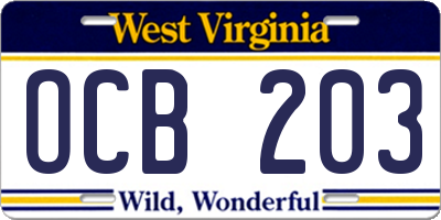 WV license plate OCB203
