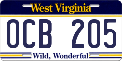 WV license plate OCB205