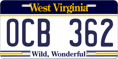 WV license plate OCB362