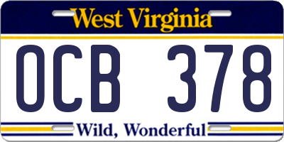 WV license plate OCB378