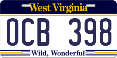 WV license plate OCB398