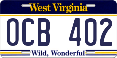 WV license plate OCB402