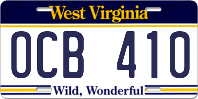 WV license plate OCB410