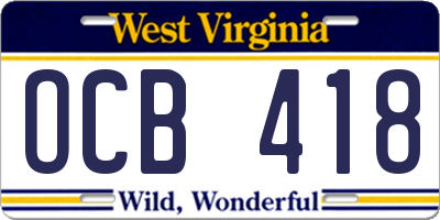 WV license plate OCB418