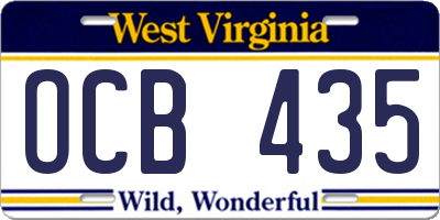 WV license plate OCB435