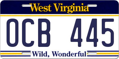 WV license plate OCB445