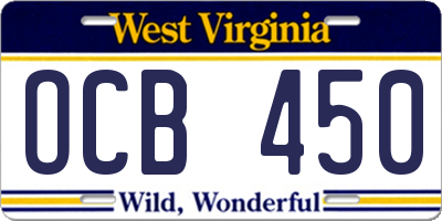 WV license plate OCB450