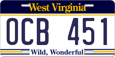 WV license plate OCB451