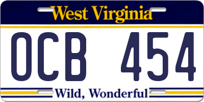 WV license plate OCB454