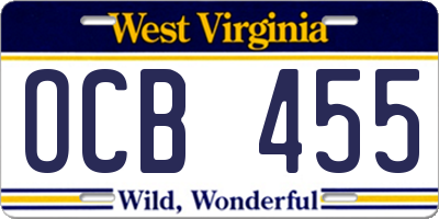 WV license plate OCB455