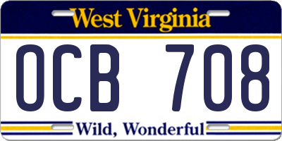 WV license plate OCB708