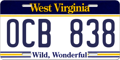 WV license plate OCB838