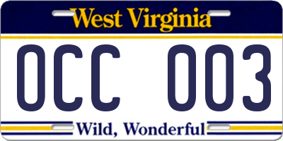 WV license plate OCC003