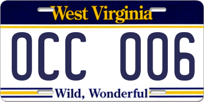 WV license plate OCC006