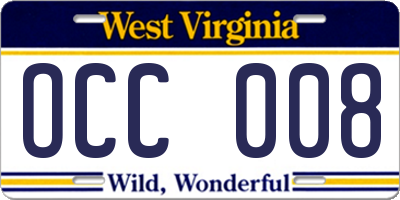 WV license plate OCC008