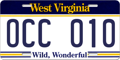 WV license plate OCC010