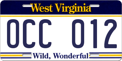 WV license plate OCC012