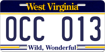 WV license plate OCC013