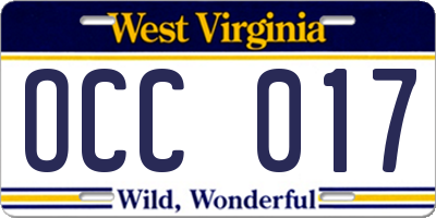 WV license plate OCC017