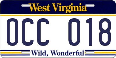 WV license plate OCC018