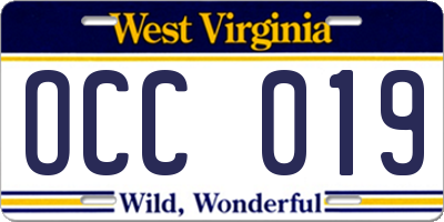 WV license plate OCC019