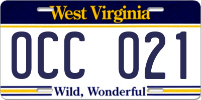 WV license plate OCC021